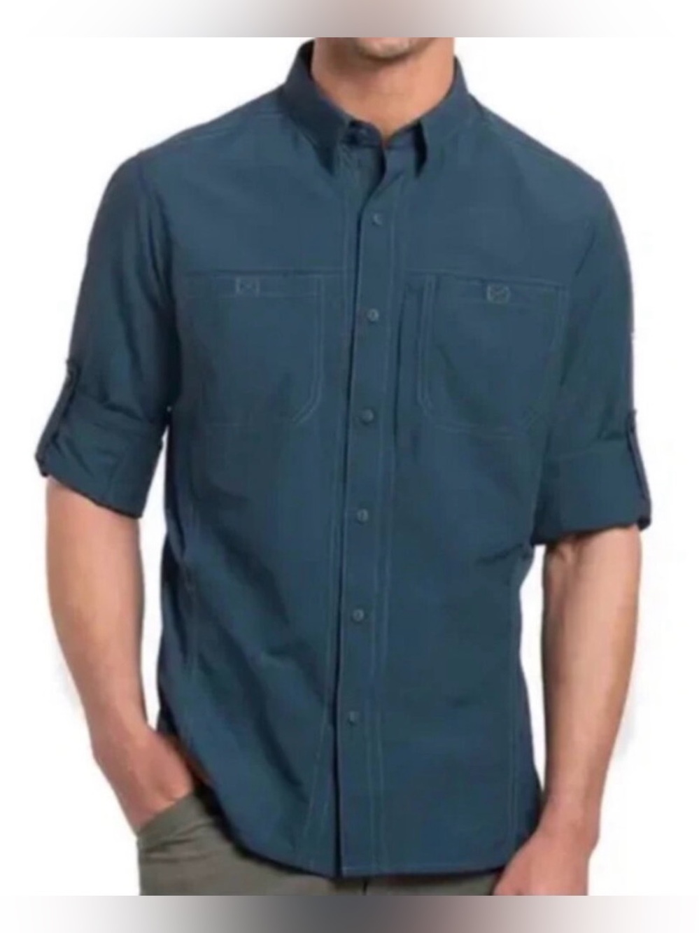 Kuhl Shirt Men’s Blue Invoke Nylon Roll Tab Long Sleeve Fishing shirt, size XL